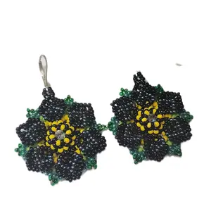 Sunflower Beaded Black  Color Earrings with Green Accents and Yellow Center Beads for Festive Wear