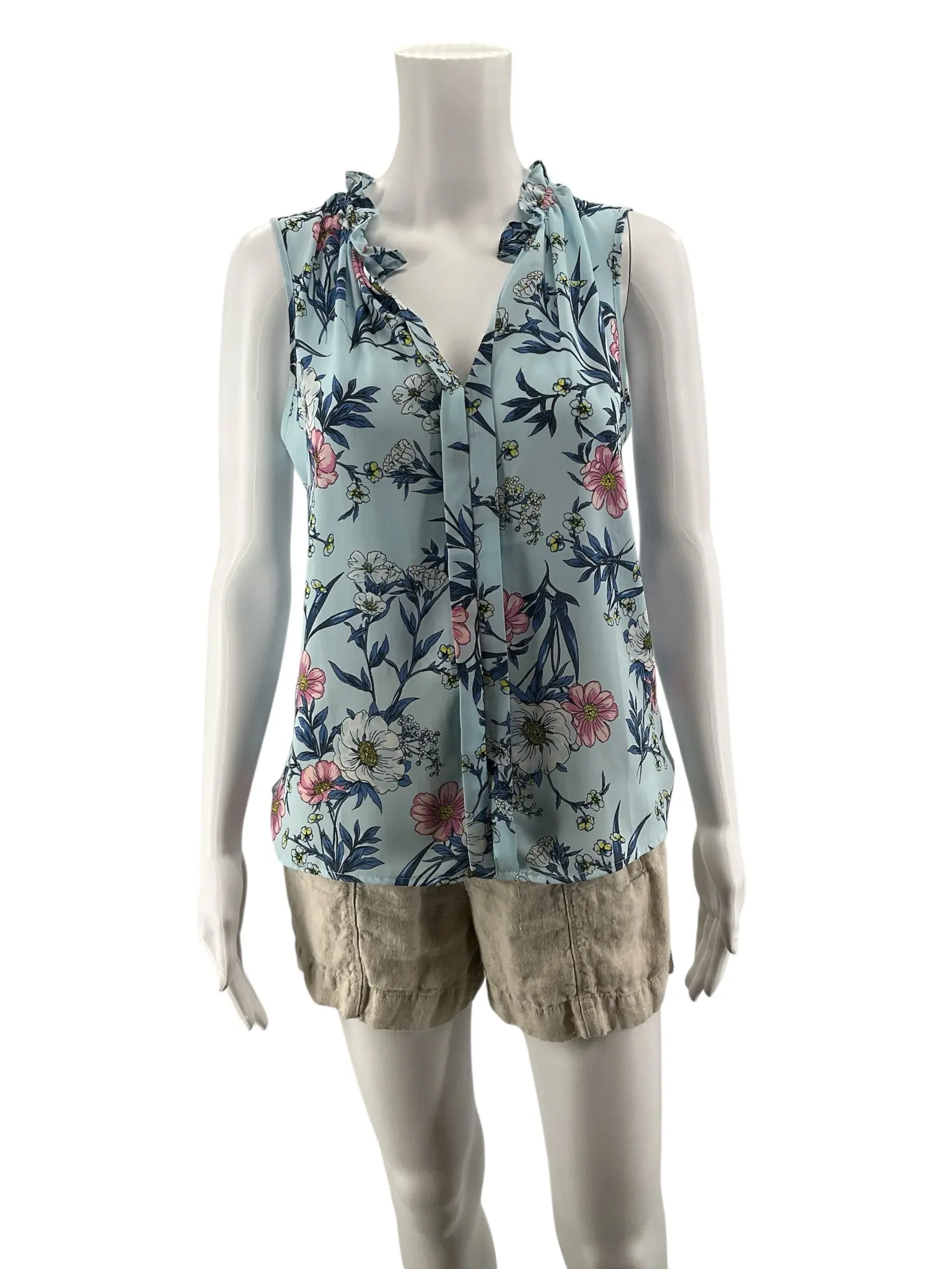 41 Hawthorn Ruffle Tie-Neck Floral Sleeveless Blouse Small Petite