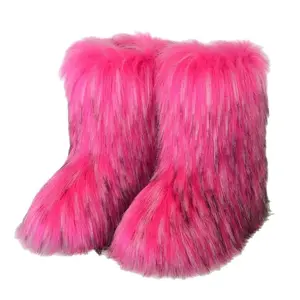 Women Faux Fur Boot Furry Fluffy Round Toe Suede Snow Winter Women Boots Comfy Plush Warm Short Outdoor Indoor Flat Shoes Mid-Calf Boots