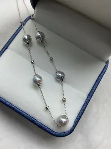 Elegant Seawater Madama Blue Starry Night Pearl Necklace 7-8mm with Silver Chain and Beads