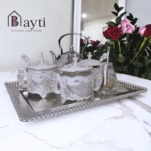 Bayti Luxury Silver Mate Set - 6 Pieces - 1.4L Kettle, 3 Sugar Pots, Heavy Tray with Double Glass Cup - Super High Quality, Elegant Finish