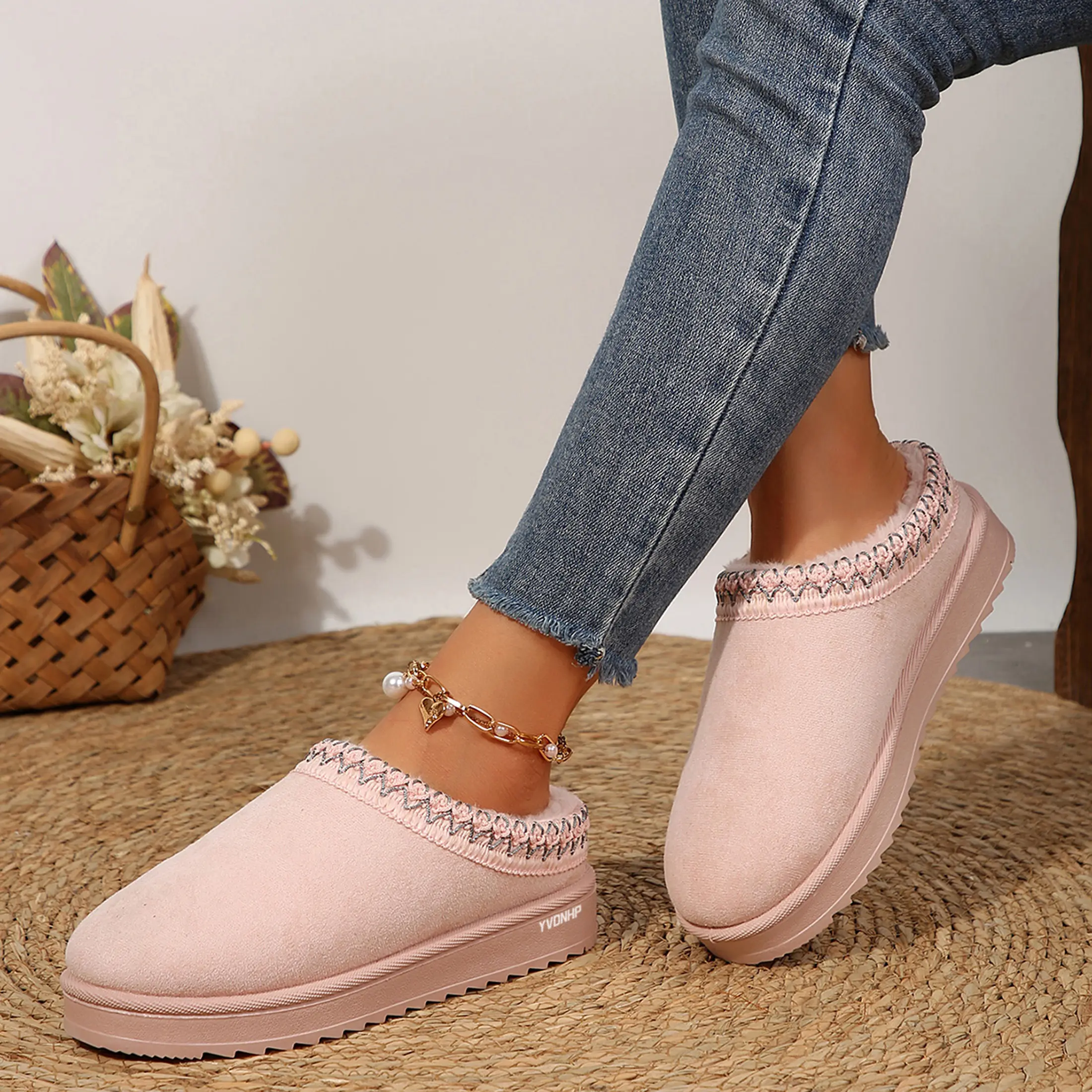 Women's Suede Platform Ankle Boots Non-Slip Slip On Mini Boots With Fuzzy House Slippers For Indoor/Outdoor Comfort Walking Shoes Footwear