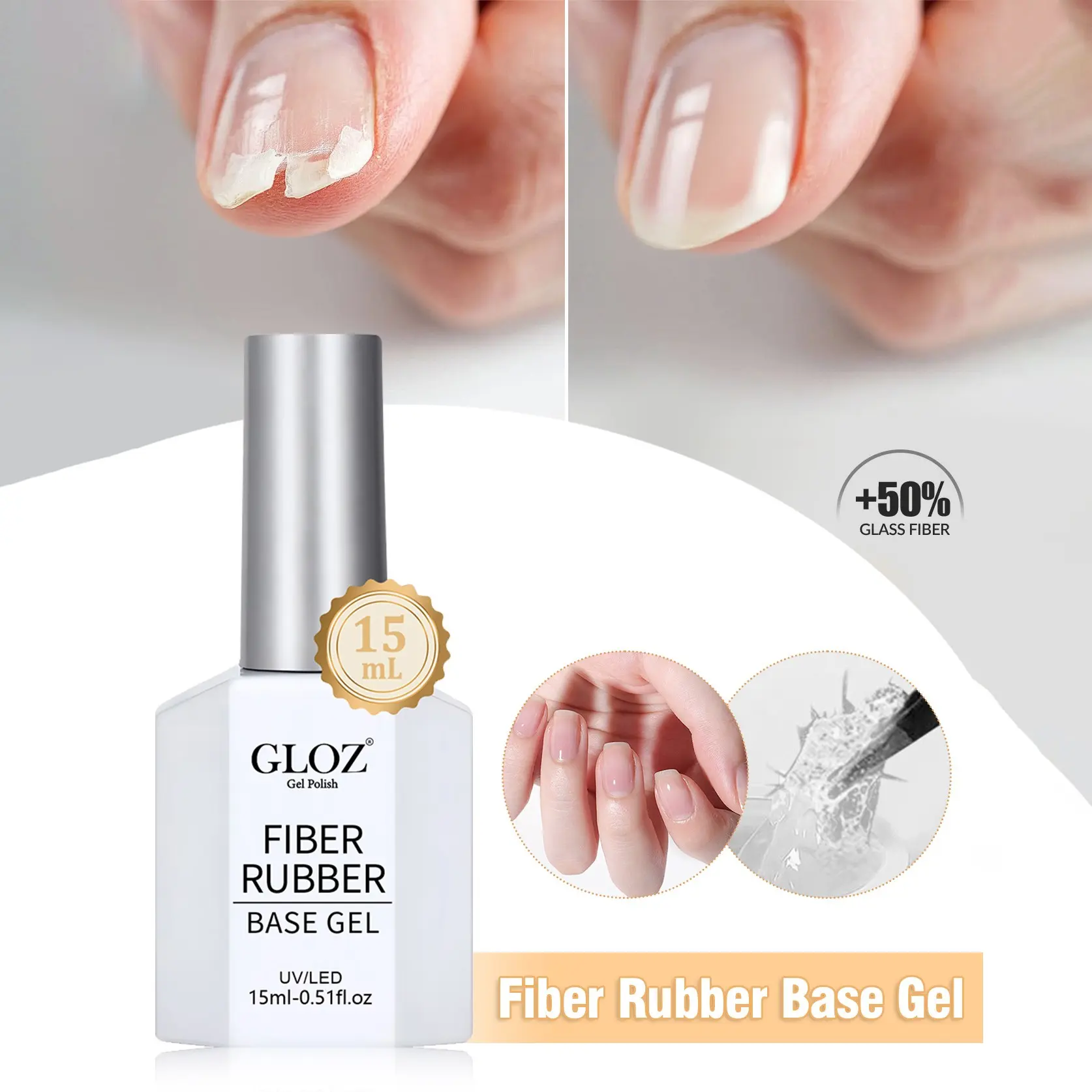 GLOZ Fiber Rubber Base Gel | Nail Repair Strengthener | Transparent Building Gel | Soak Off UV LED Gel 15ml