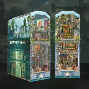 Tonecheer DIY Book Nook Kit for Adults, Wooden 3D Puzzle Bookend Diorama Bookshelf Insert Decor Fancy Books, Booknook Miniature House Kit with Dust Cover and Sensor LED (Haven Zero) Building Blocks Crafts