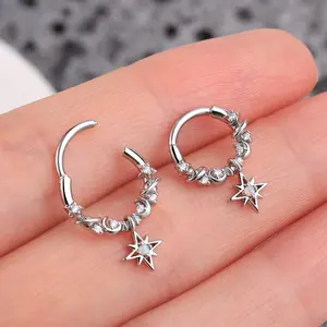 OUFER 16G 316L Stainless Steel Tarnish-Free Celestial Septum Nose Ring - 8mm/10mm Inner Diameter, Star-Moon-Planet Dangle Charm, Gold/Silver Unisex Daily Wear, Nose Piercing Septum Jewelry, Body-Safe Dainty High Quality Piercing Accessory
