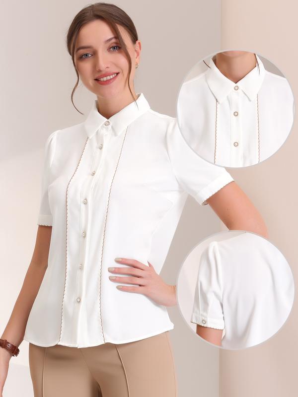 INSPIRE CHIC Contrast Trim Puff Short Sleeve Button Down Shirt Blouse