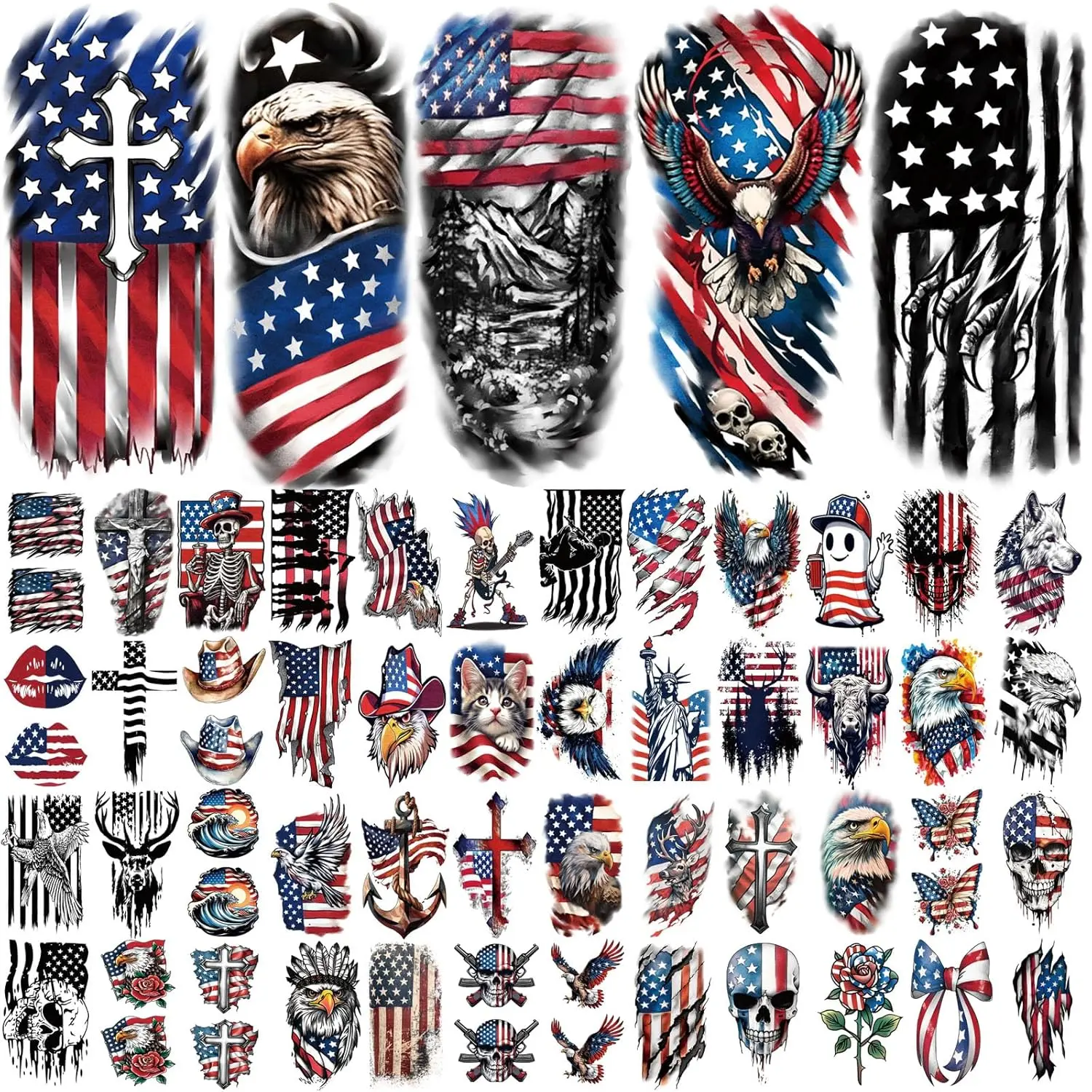 77 Sheets Independence Day Temporary Tattoo for Women Men, 17 Half Arm 4th of July Fake Tattoos, 60 Tiny American Flag Eagle Dog Cat Cow Memorial Labor Day Patriotic Body Tattoos