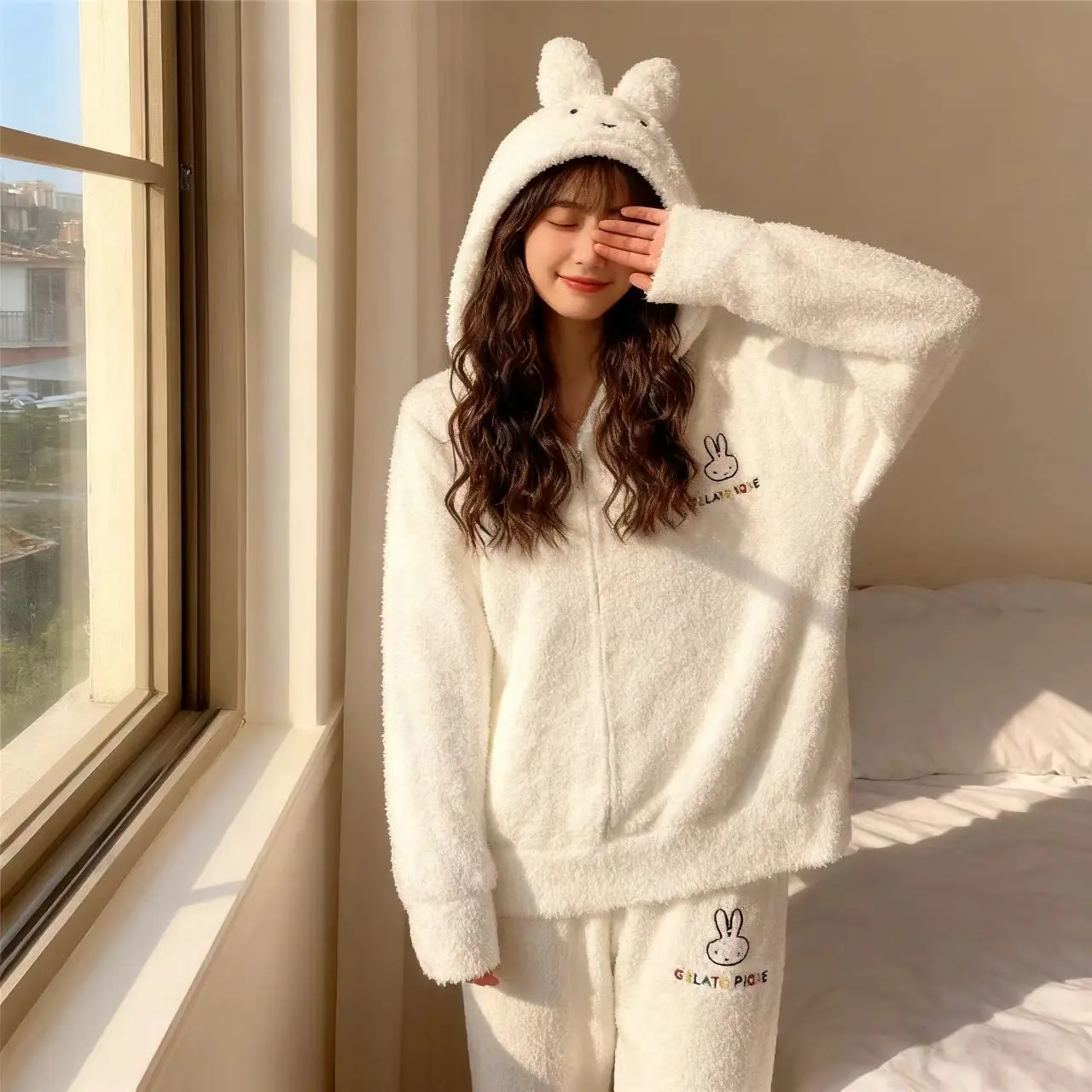 New Miffy Rabbit Pajama Plush Hooded Zipper Sweater Pants Autumn