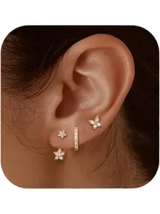 3 Pairs Sterling Silver Stud Hoop Earrings Set for Women 14K Gold Plated Earrings Stacks Dainty Small Stud Hoop Earrings Sets for Multiple Piercings