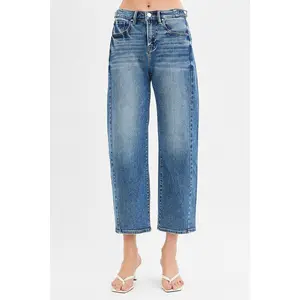 Risen High Rise Crop Barrel Jeans w/ Adjustable Waist