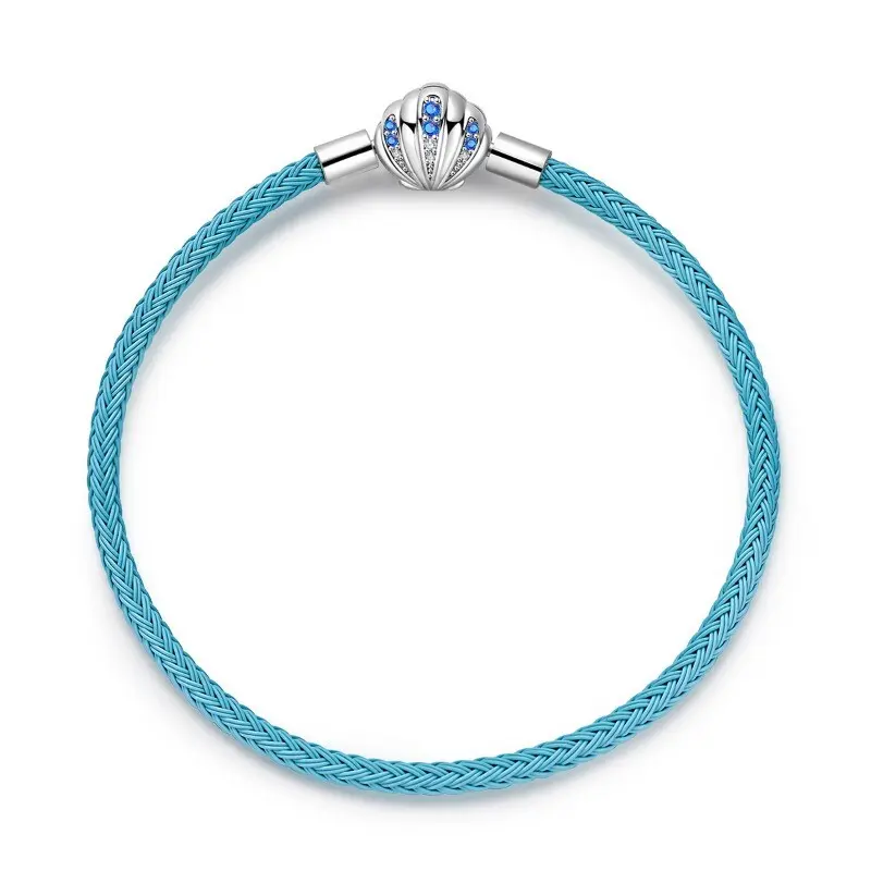925 Sterling Silver Woven Bracelet for Women, Hypoallergenic Band with Blue Shell Clasp for Everyday Wear, Woven Texture