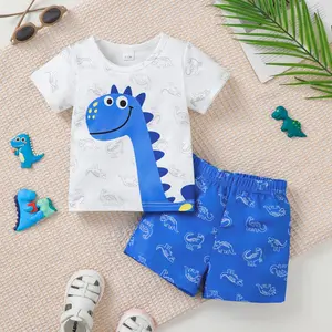 Cute Blue Adorable Dinosaur Print Short Sleeve T-Shirt, Elastic Waist Solid Color Shorts Set, Casual Baby Boy Toddler 2 Piece Outfit