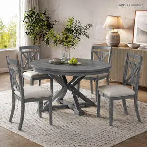 Retro 5-Piece Extendable Round Rubberwood Dining Table Set of 4 - ARCH TREXM Functional Kitchen Table with 4 Upholstered Chairs for Dining Room, Living Room (Grey)
