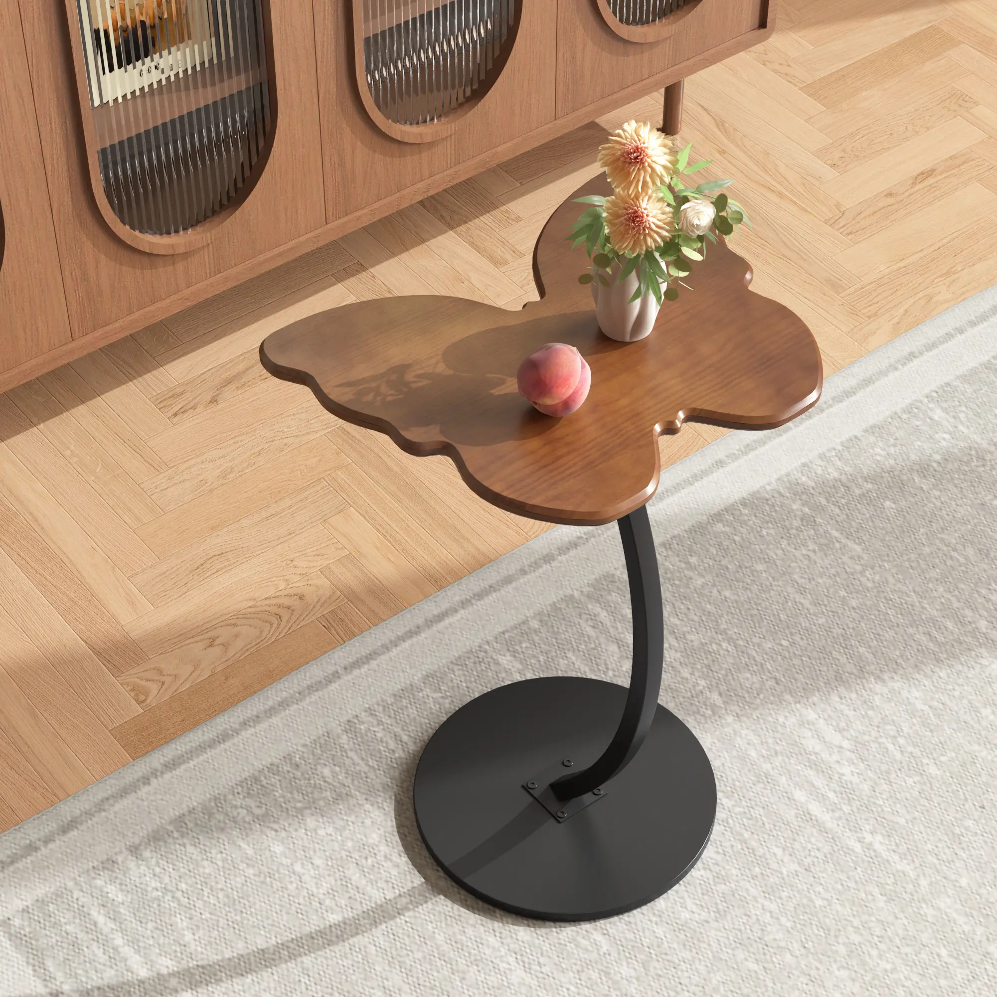 Butterfly End Table, Solid Pine Wood Side Table with Black Metal C-Shaped Base, Rustic Accent Table for Living Room Bedroom, Walnut Finish, Easy Assembly