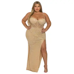 Plus Size Gold Rhinestone Corset Maxi Dress - Mesh Illusion Slit Gown for Formal Events & Red Carpet Moments