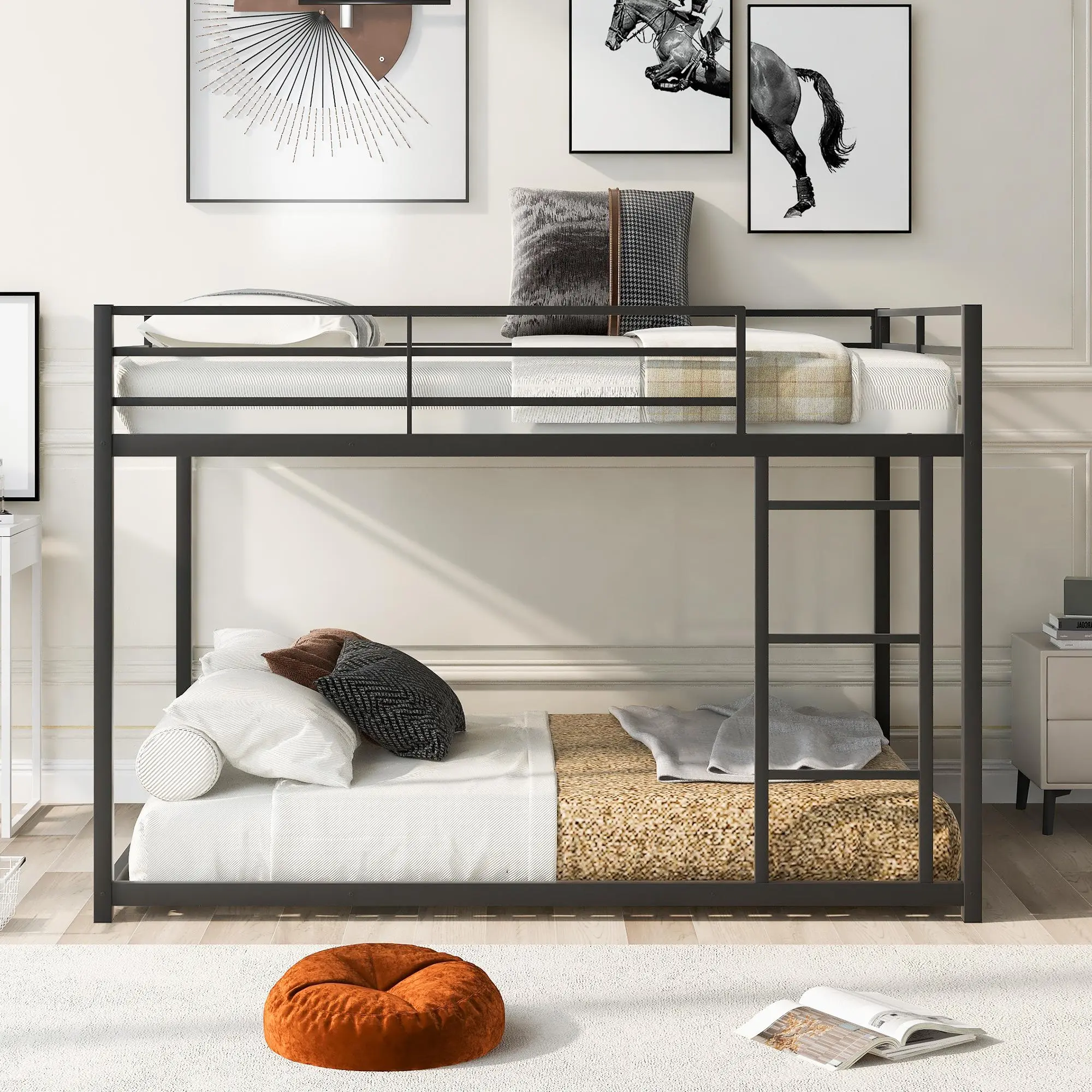 Modern Minimalist Metal Low Bunk Bed, Full over Full