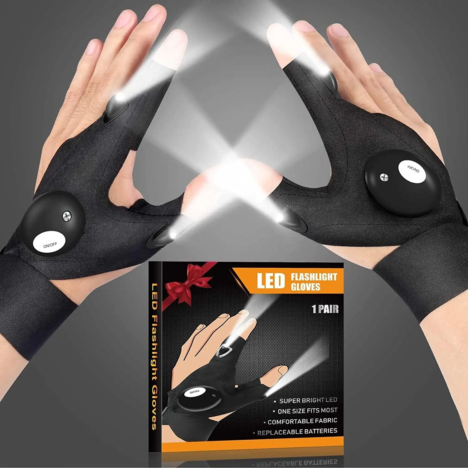 White Elephant Gifts for Adults, LED Flashlight Gloves, Christmas Stocking Stuffers Gifts for Men Dad Boyfriend Him Husband,  Lights Fingertips Gloves for Fishing, Repairing, Mechanics