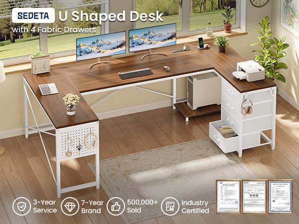 SEDETA 67 Inch U Shaped Desk with 4 Fabric Drawers Reversible Corner Computer Desk with Power Outlet CPU Shelf L Shaped Office Desk with Pegboard
