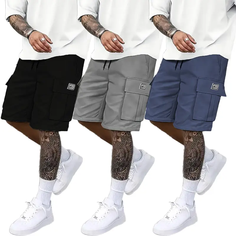 Men's 3-Piece Tropical Plain Medium-Length Shorts Set - Brown, Black Men's Shorts, Green, Beige - Slanted Pockets - Versatile Casual Everyday Menswear Bottoms