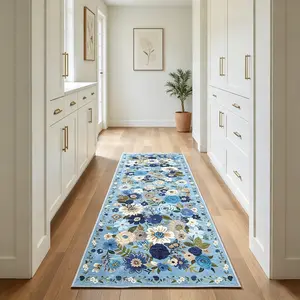 French Blue Floral Long Rug, Non-Slip Corridor Mat, Easy Clean, Suitable for Hallway, Living Room, Bedroom, Home Decor