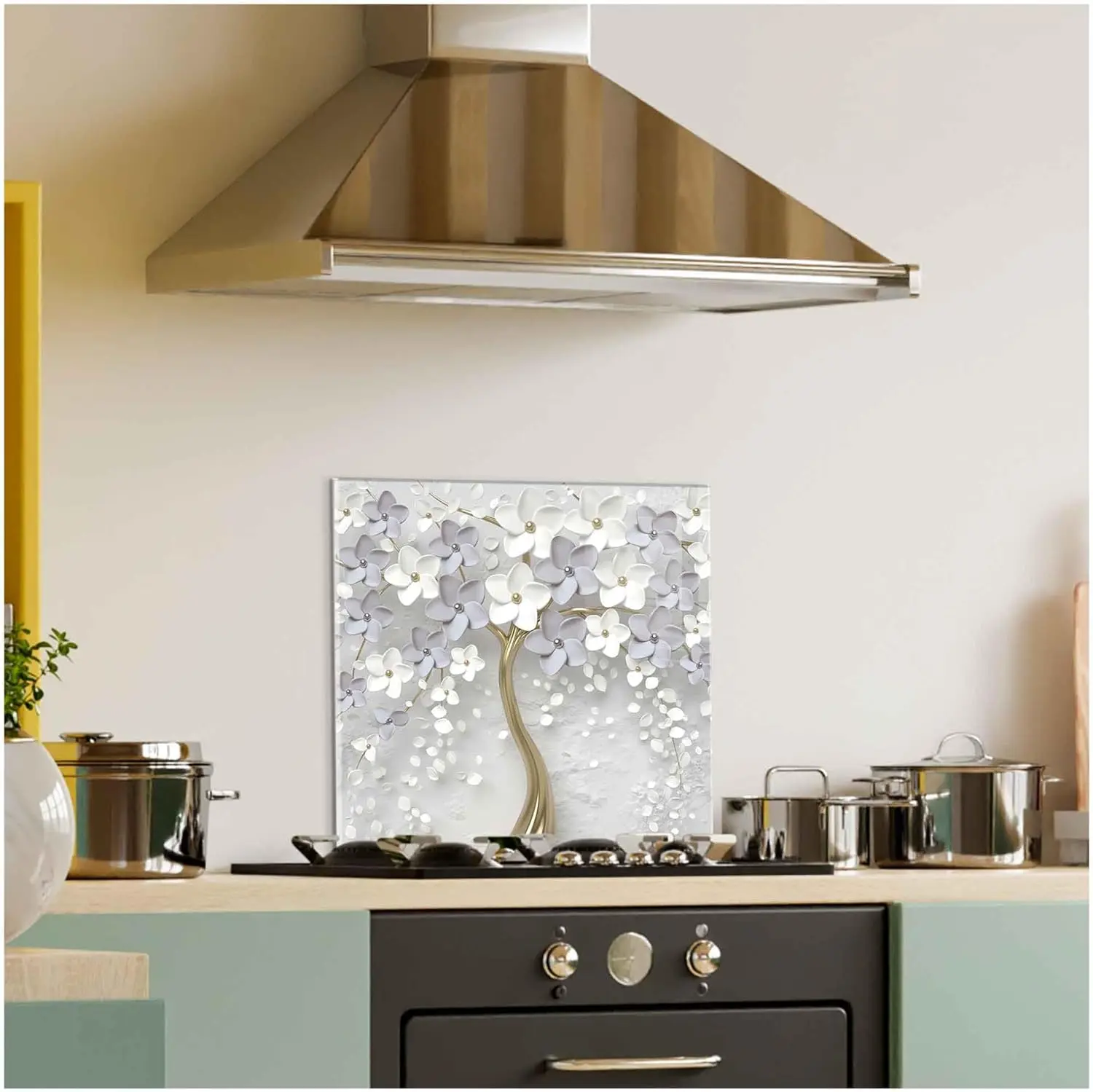 GCKG 3d picture of a tree with pink flowers Tempered Glass Kitchen Backsplash, Stove Back Cover, Stove Splashback, Cutting Board, Kitchen Wall Decor