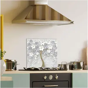 GCKG 3d picture of a tree with pink flowers Tempered Glass Kitchen Backsplash, Stove Back Cover, Stove Splashback, Cutting Board, Kitchen Wall Decor