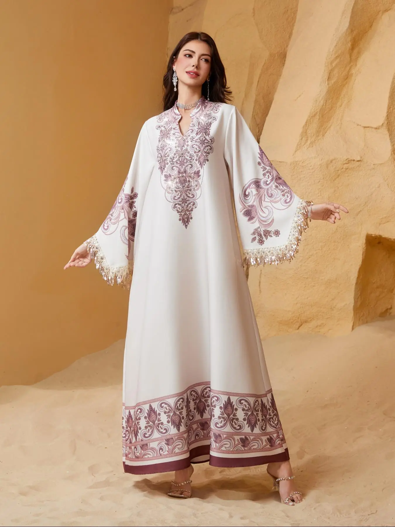 Women's Embroidery Sequins Dress, Elegant Long Sleeve Dress for Party Wedding Guest, Ladies Islamic Clothing for Spring & Fall