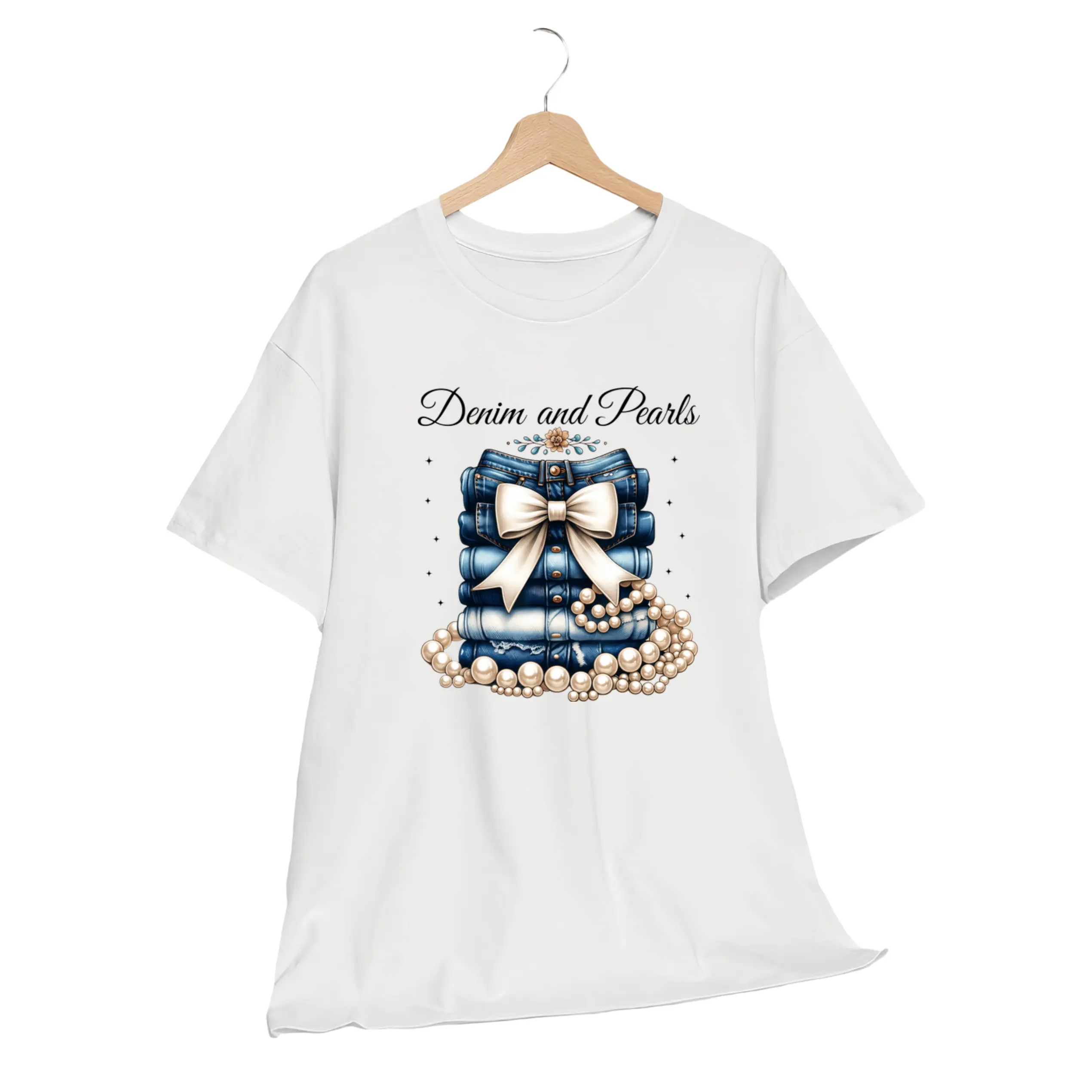 Women's Denim Pearl Print Crew Neck Short Sleeve Shirt |   Casual and stylish top, fashionable women's clothing, ideal for birthdays and holiday gifts, a summer must-have. Flat T-Shirt