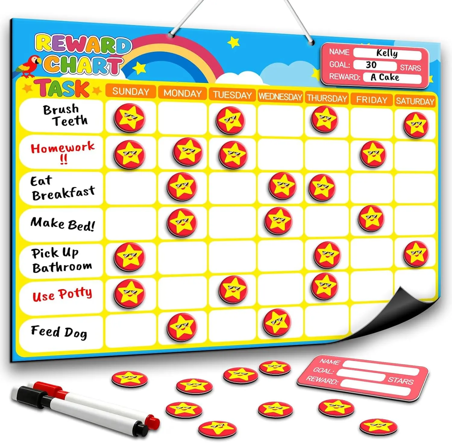 Magnetic Reward Chart for Kids, Customizable Weekly Chores Chart with 1 Name Sticker & 52 Magnetic Star Stickers, Dry Erase Behavior Chart for Kids Potty Training, Toddler Routine Daily Record