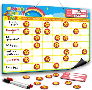 Magnetic Reward Chart for Kids, Customizable Weekly Chores Chart with 1 Name Sticker & 52 Magnetic Star Stickers, Dry Erase Behavior Chart for Kids Potty Training, Toddler Routine Daily Record