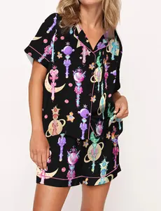 Moon Princess Sailor Guardians Wand Black Satin Pajama Set For Women Soft Smooth Loungewear Nightwear Homewear Gift for Her