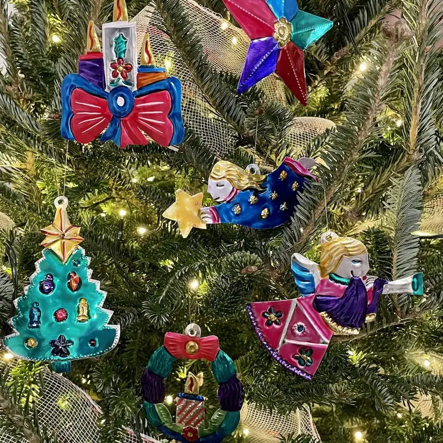 Colorful Mexican Handmade Aluminum Christmas Angel Decorations - Mexican Decor, Hand-Painted Embossed Tin Ornaments with Hanging Loop, Lightweight Multicolor Shooting Star Holiday Home Wall Hanging Gifts