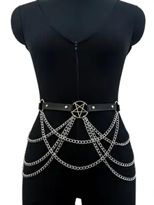 Adjustable Punk Chain Belt, Trendy Belt, Fashion Leather Waistband, Star Design, Suitable for Holidays, Parties, Daily Wear, Unisex Accessory, Star Decorated Belt