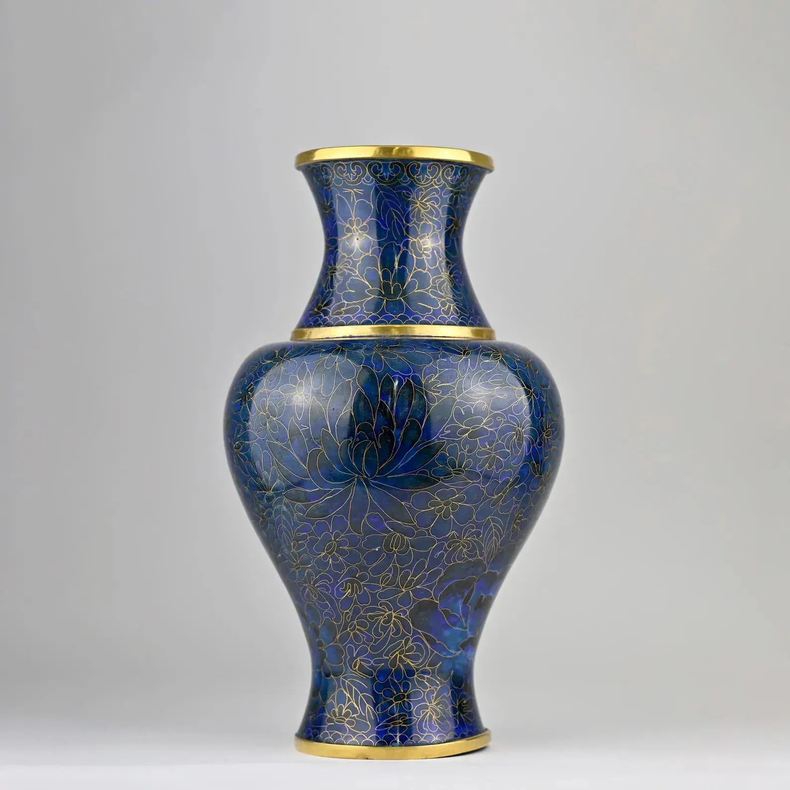 Vintage 1980s Handmade Chinese Cloisonné Vase – Deep Blue and Gold Lotus Floral Enamel Art – Luxury Collectible Decor 8”x8”x15”