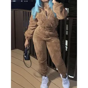 Women’s Warm Winter Plush Sports Tracksuit, Two-Piece Running Set – Thickened Double-Sided Fleece, V-Neck Hoodie, Casual Pants, Elastic Waistband