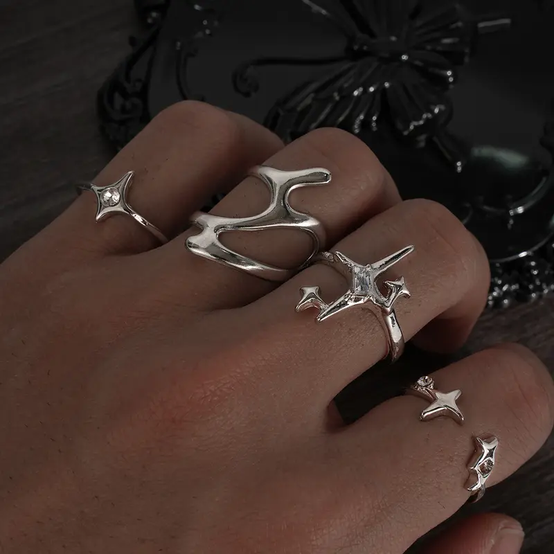 Y2K Fashion Retro Asymmetrical Couple Rings Set, Statement Multi Ring, Rhinestone Star Design, Trendy Fashionable Jewelry, Perfect Gift for Holiday Parties, Vacations, Dates and Daily Wear