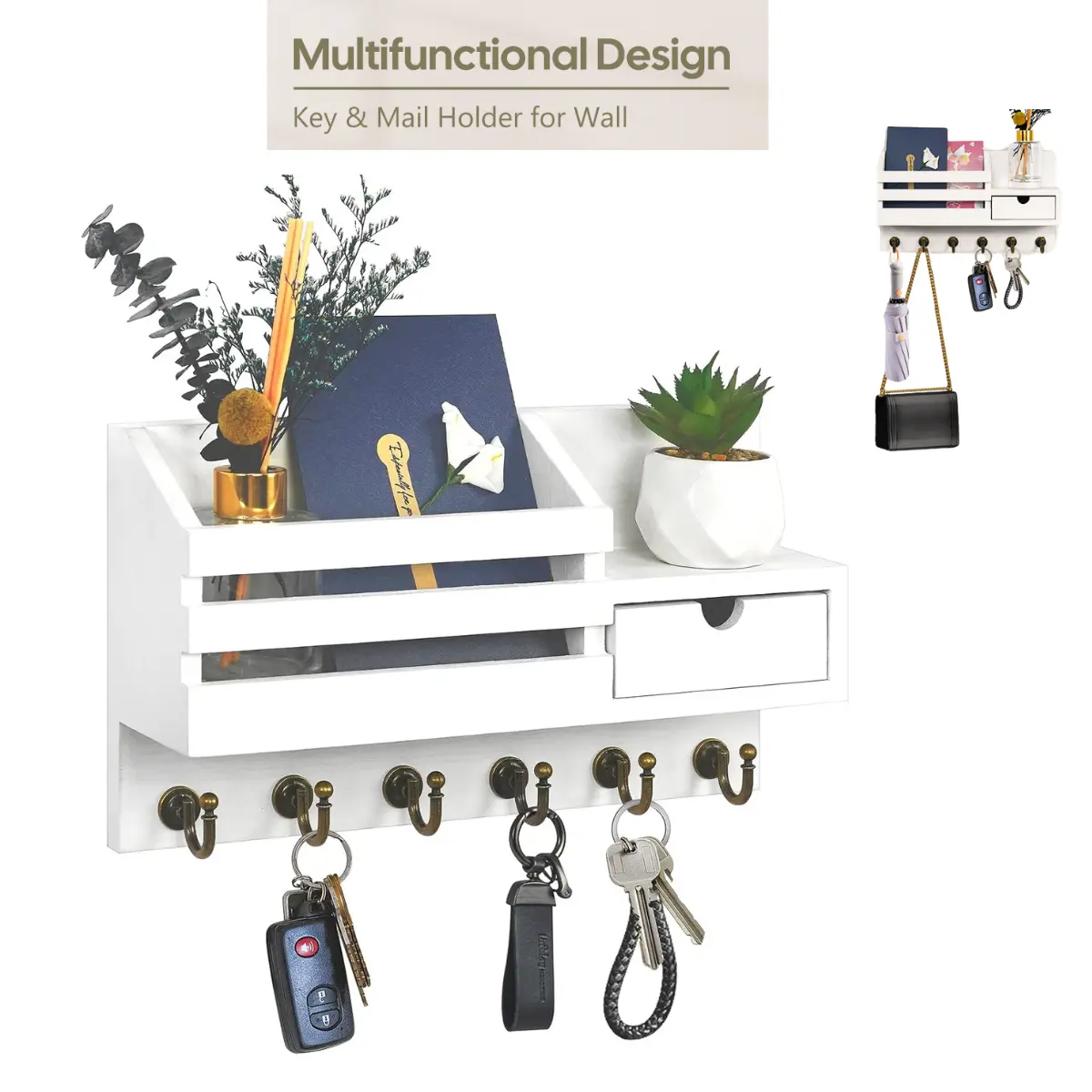 Key and Mail Holder for Wall with 6 Hooks, Rustic Wood Mail Organizer with Drawer, Entryway Key Rack Wall Mount, key and mail holder for wall, key holder with drawer, home decor wall organizer