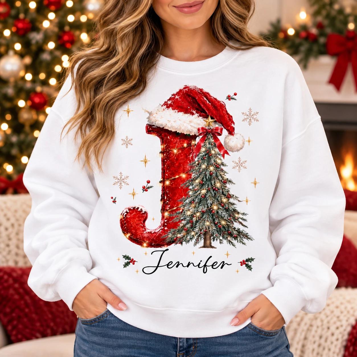 Personalized Christmas Initial Sweatshirt With Custom Name, Festive Letter Holiday Gift For Mom Wife Family – Mango Store