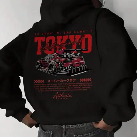Tokyo Underground JDM Race Car Back Print Hoodie, 270G Brushed Fleece Japanese Drift Car Graphic Black Hooded Sweatshirt, Automotive Streetwear Pullover For Car Enthusiasts Men Women