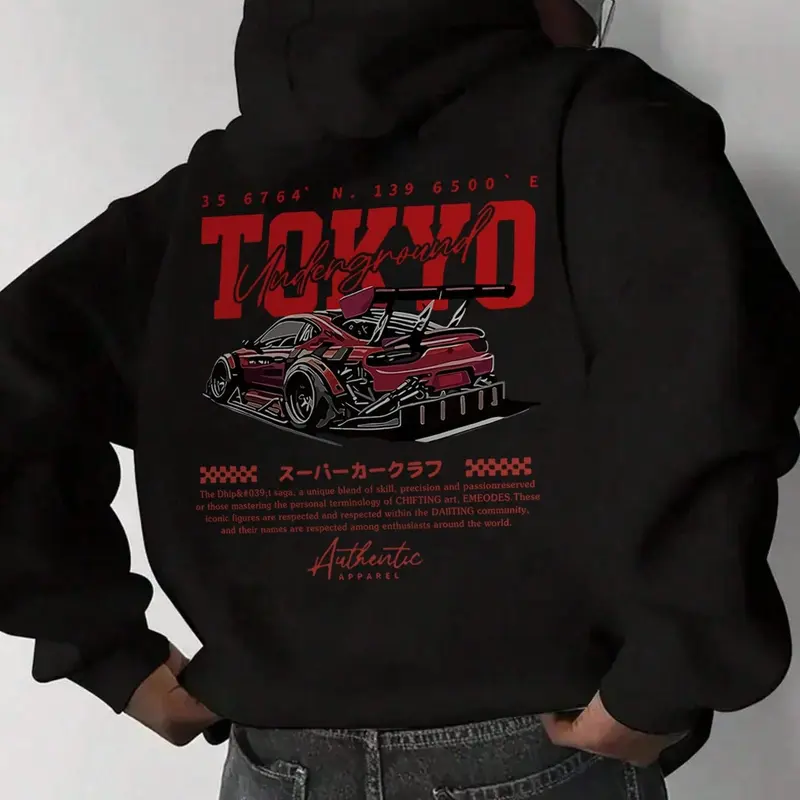 Tokyo Underground JDM Race Car Back Print Hoodie, 270G Brushed Fleece Japanese Drift Car Graphic Black Hooded Sweatshirt, Automotive Streetwear Pullover For Car Enthusiasts Men Women