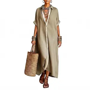 Women's Oversized Button Down Shirt Dress, Contrast Trim Casual Loose Maxi Dress, Summer Flowy Tunic