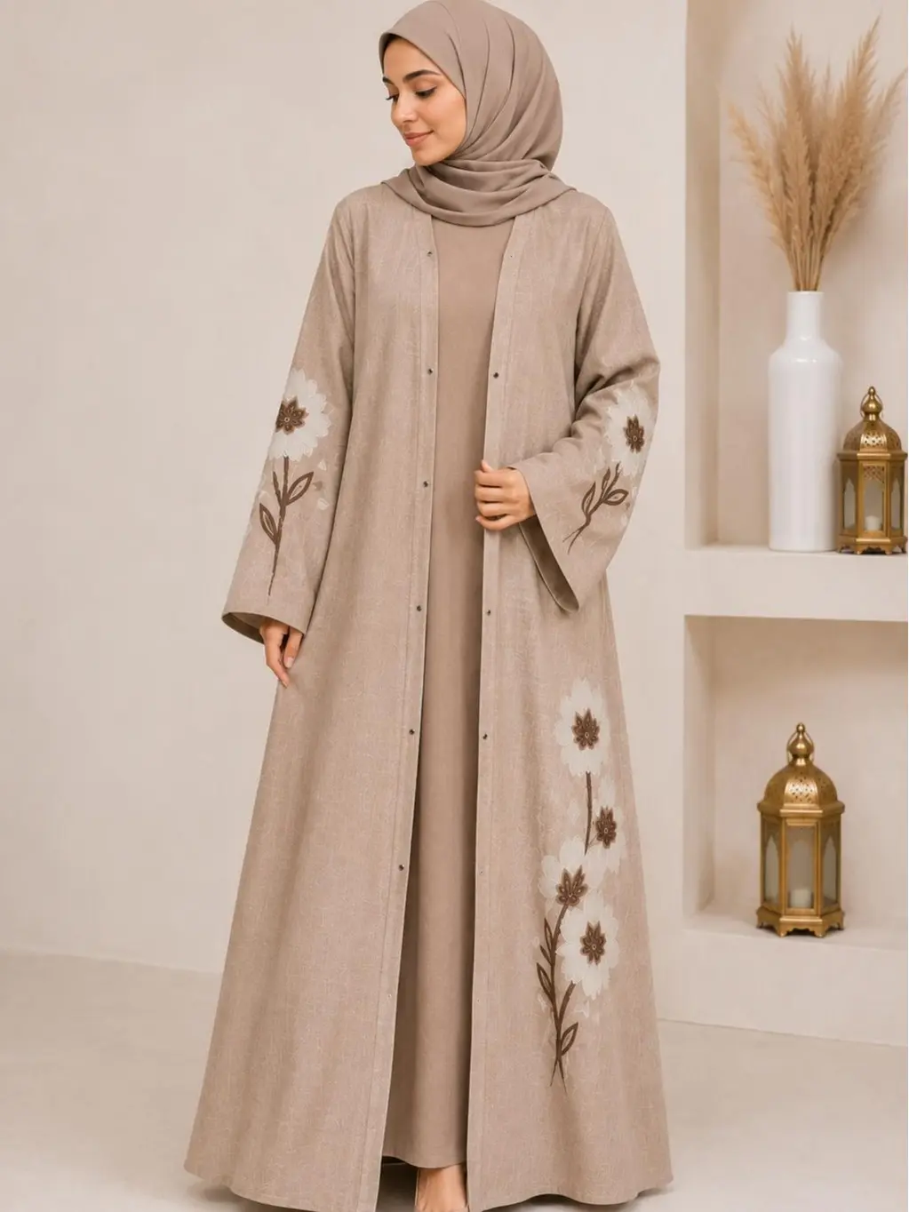 Beige Floral Embroidered Open Abaya Size 58 & 56 – No Inner Dress – Elegant & Stylish Design campingessentials