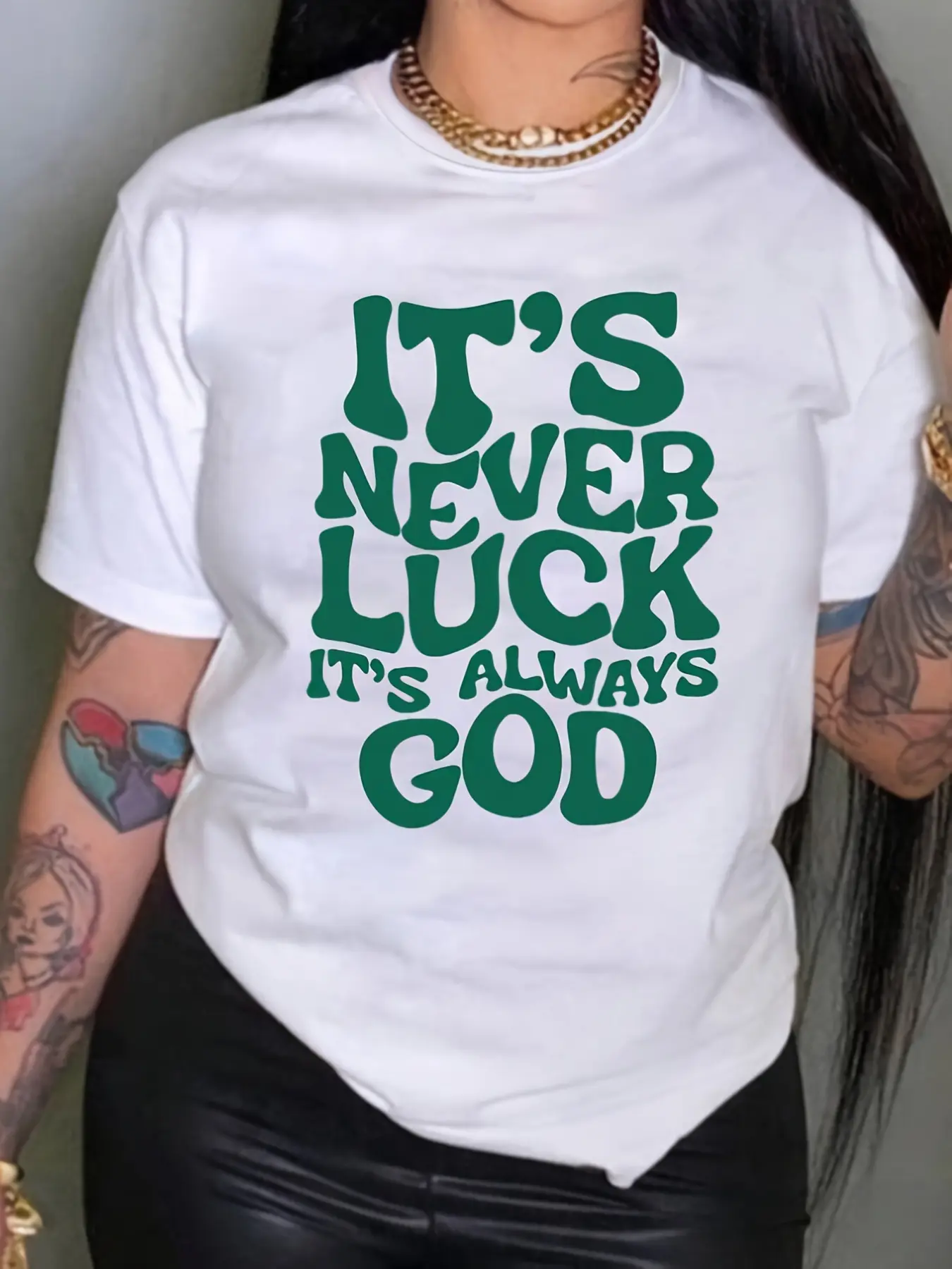 "It's Never Luck It's Always God" Inspirational Quote Women's T-Shirt - Soft, Breathable Short Sleeve Crew Neck Tee for Spring/Summer Casual Wear, Regular Fit, Machine Washable
