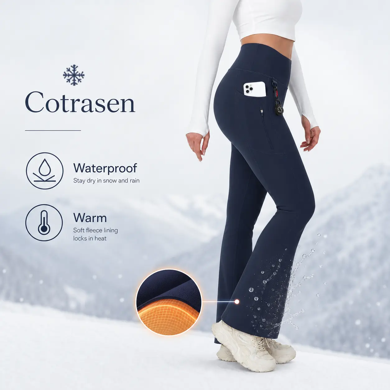 Cotrasen Women's Fleece Lined Flare Leggings Waterproof Insulated Winter Pants Warm Snow Yoga Hiking Bootcut 3 Pcokets