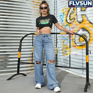 Flvsun Women's Light Blue Denim Jeans Wideleg Long Pants Casual Loose High Waist Button Y2k Streetwear Ripped Hole Work Trousers