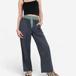 Anna-Kaci Lounge Women's Red Vertical Stripe Wide Leg Pants with Smocked Waistband Contrast Plaid Detail and Full-Length Fit- Black, Medium