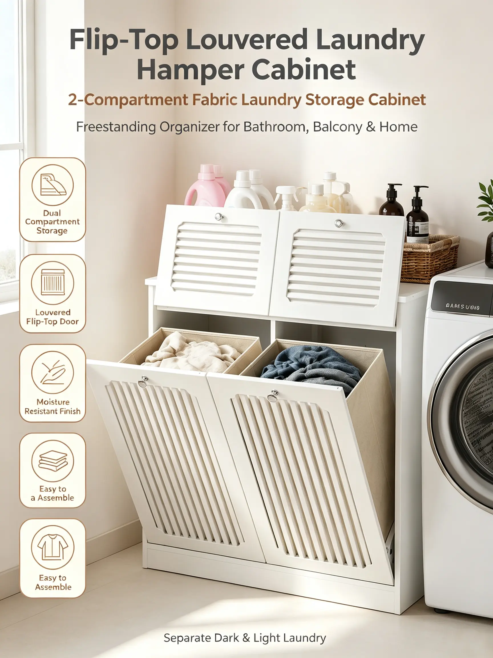 White Flip-Top Louvered Doors Storage Cabinet - Freestanding Double-Compartment Fabric Laundry Sorter Hamper for Bathroom, Home Supplies Laundry Tools & Accessories (sohochic)
