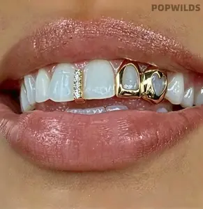 Gold Hollow Heart Double Tooth Grills, Sleek Fashion Accessory for Hip-Hop & European-American Street Style, Smooth Wear for Daily Outfits & Parties