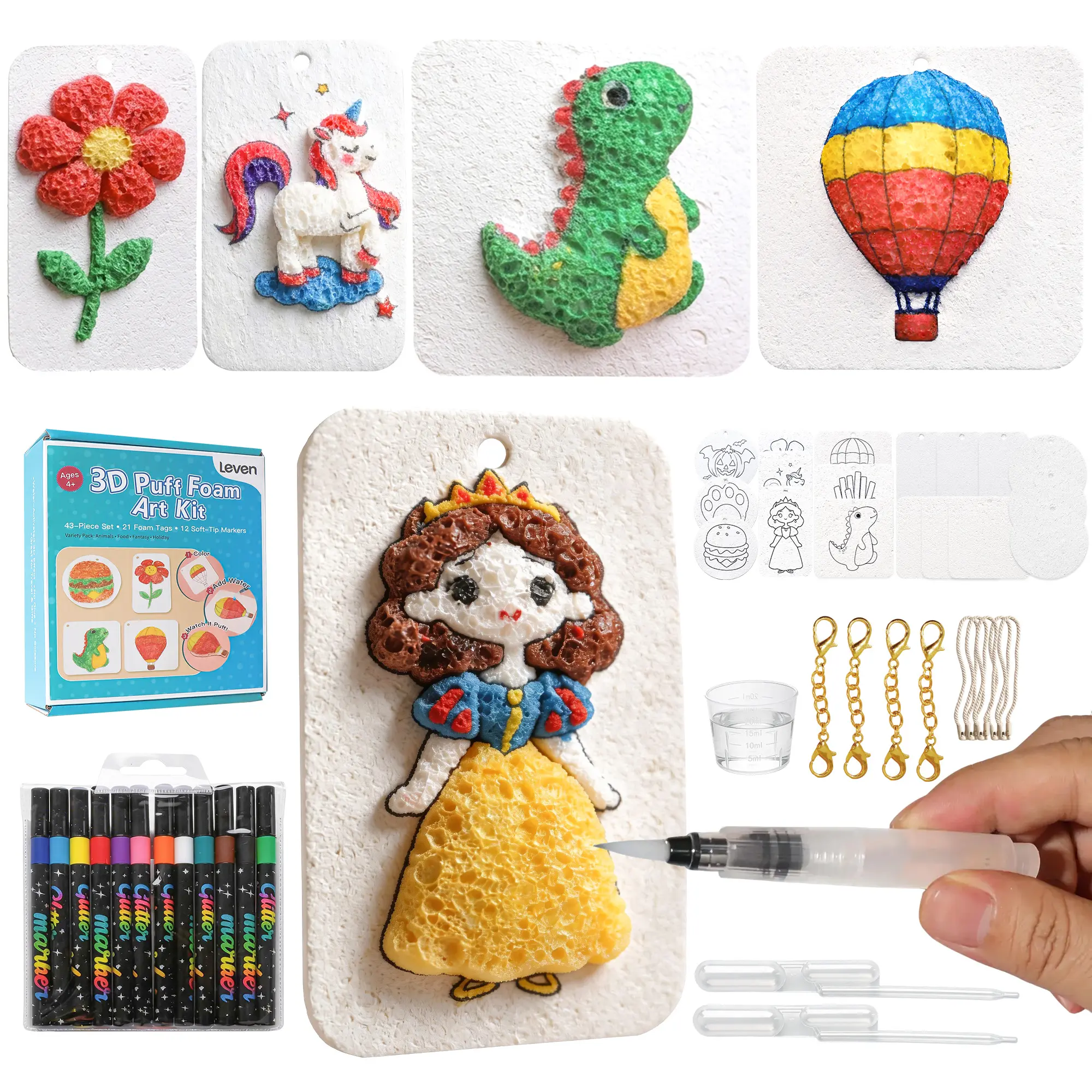 Leven Unisex 3D Magic Foam Art Kit for Kids - Magic Paper DIY Craft, Textured Paper Decoration, 12 Markers, Water Brush, 9 Pre-Cut Foam Shapes, Sensory Toy, STEM Skills Builder, Perfect Birthdays Gift for Ages 4+