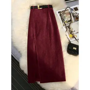 Women's mid length skirt, high waisted A-line design, solid color long skirt, perfect workwear with belt, ideal choice for daily and office use, chic bottoms